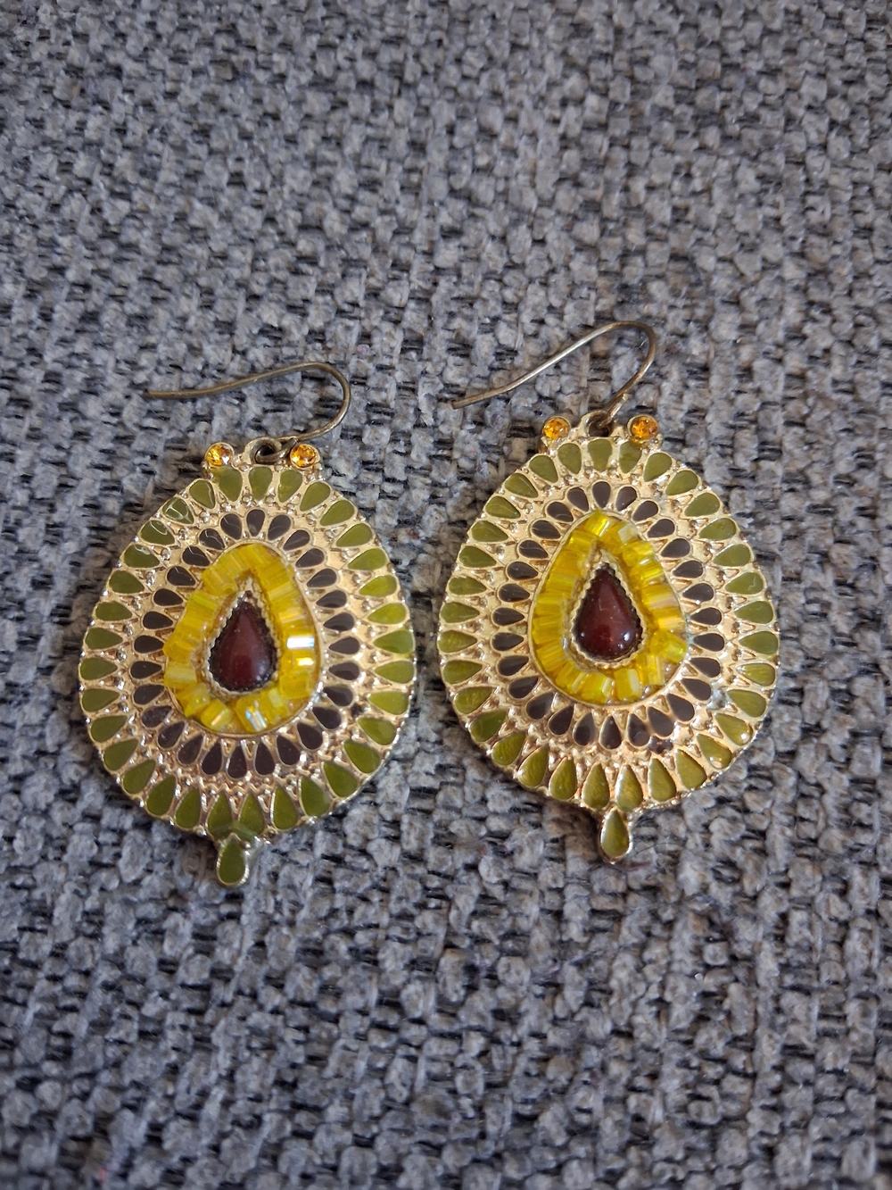 Yellow and Green Teardrop Mosaic Style Drop Earrings